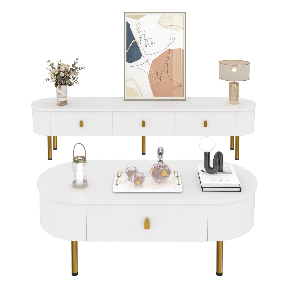 TV-ELEMENT mit Couchtisch - Kombination 2er-Set weiß mit Schubladen goldenen Akzenten - Weiß, Holzwerkstoff (174/41/35cm) - OKWISH