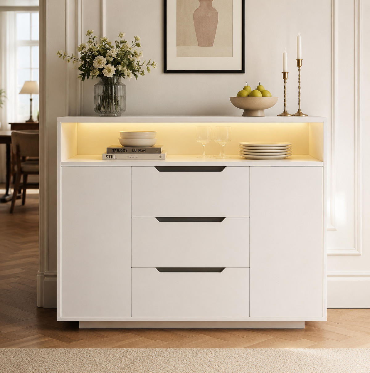 SIDEBOARD 120/40/85 cm Weiß aus Holzwerkstoff mit LED-Beleuchtung - Weiß, Holzwerkstoff (40/85/120cm) - OKMYHOME