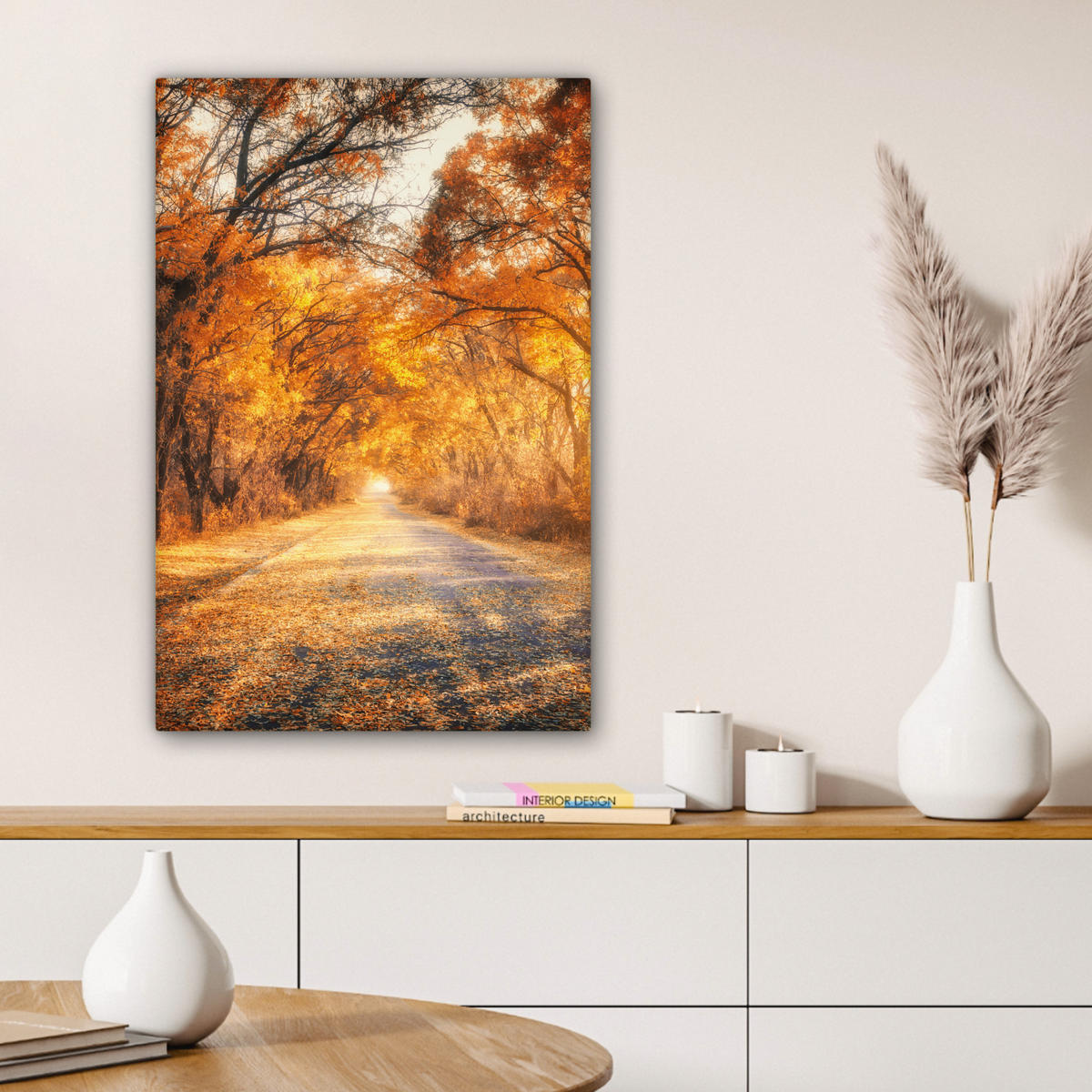 LEINWANDBILD Wald - Herbst - Bäume - Waldweg - Natur 60x90 cm - Bernsteinfarben, Textil (60/90cm) - MuchoWow