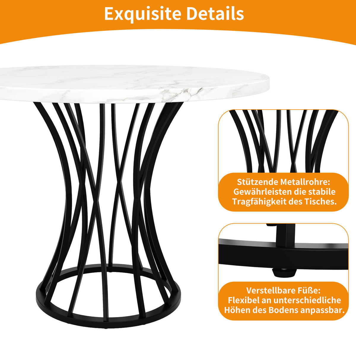ESSTISCH, MDF-Tischplatte in Marmoroptik & Metallgestell, 80/80/76 cm, Schwarz - Schwarz, Holzwerkstoff (80/80/76cm) - Redom