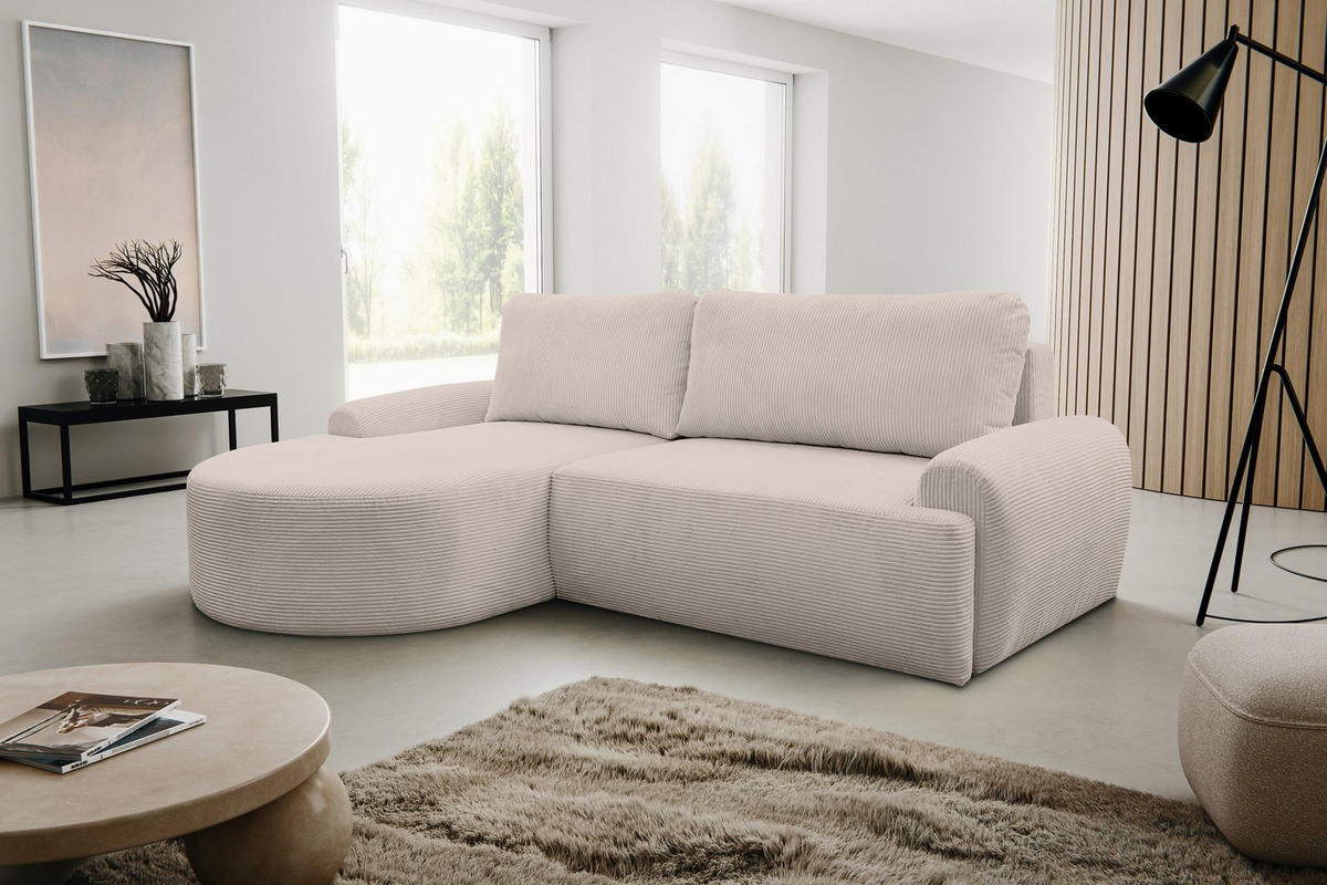 ECKSOFA Dream Cord in L-Form mit Schlaffunktion und Bettkasten, Farbe: Beige, Cordstoff, Ottomane Links - Beige, Textil (136/260cm) - VENASI MÖBEL