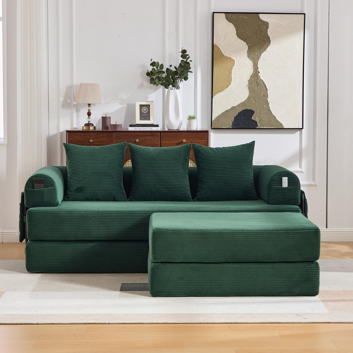 ECKSOFA Cord Smaragdgrün mit Hocker und Kissen - Smaragdgrün, Textil/Metall (218/285cm) - WISHDOR