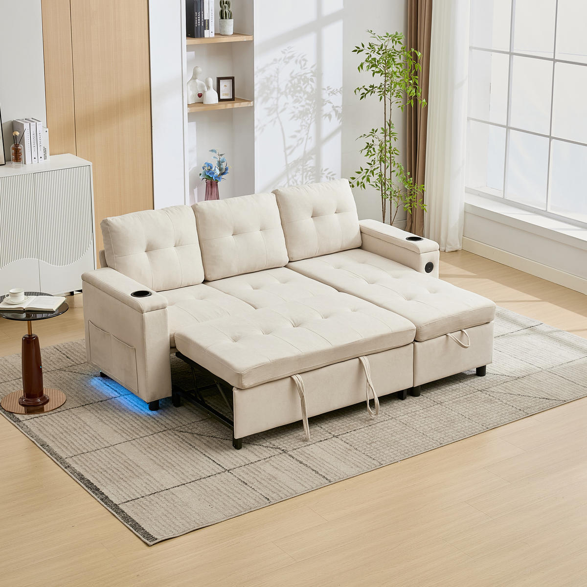 SCHLAFSOFA, Stoff mit Stauraum & LED-Lichtleiste, 208/146/89,5 cm, Beige - Beige, Textil (146/89.5/208cm) - Redom