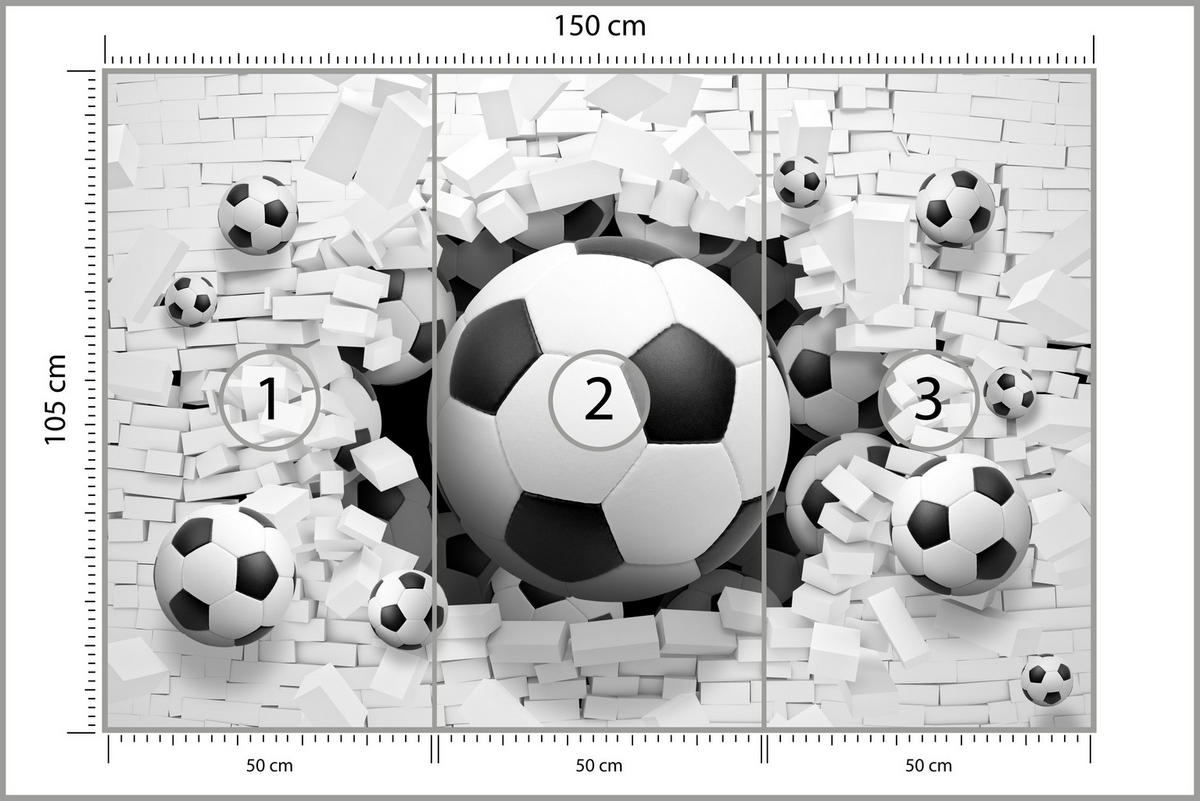FOTOTAPETE für Jugendzimmer Fußbälle Weiße Ziegelwand Sport 150x105 - Schwarz/Weiß, Papier (150/105cm) - Muralo
