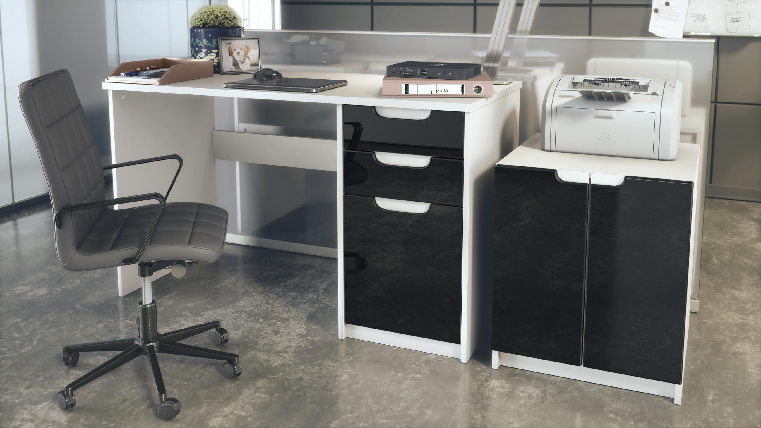 BÜROMÖBELSET Paris Schwarz Hochglanz - Schwarz Hochglanz, Holzwerkstoff (60/180/76cm) - Vladon