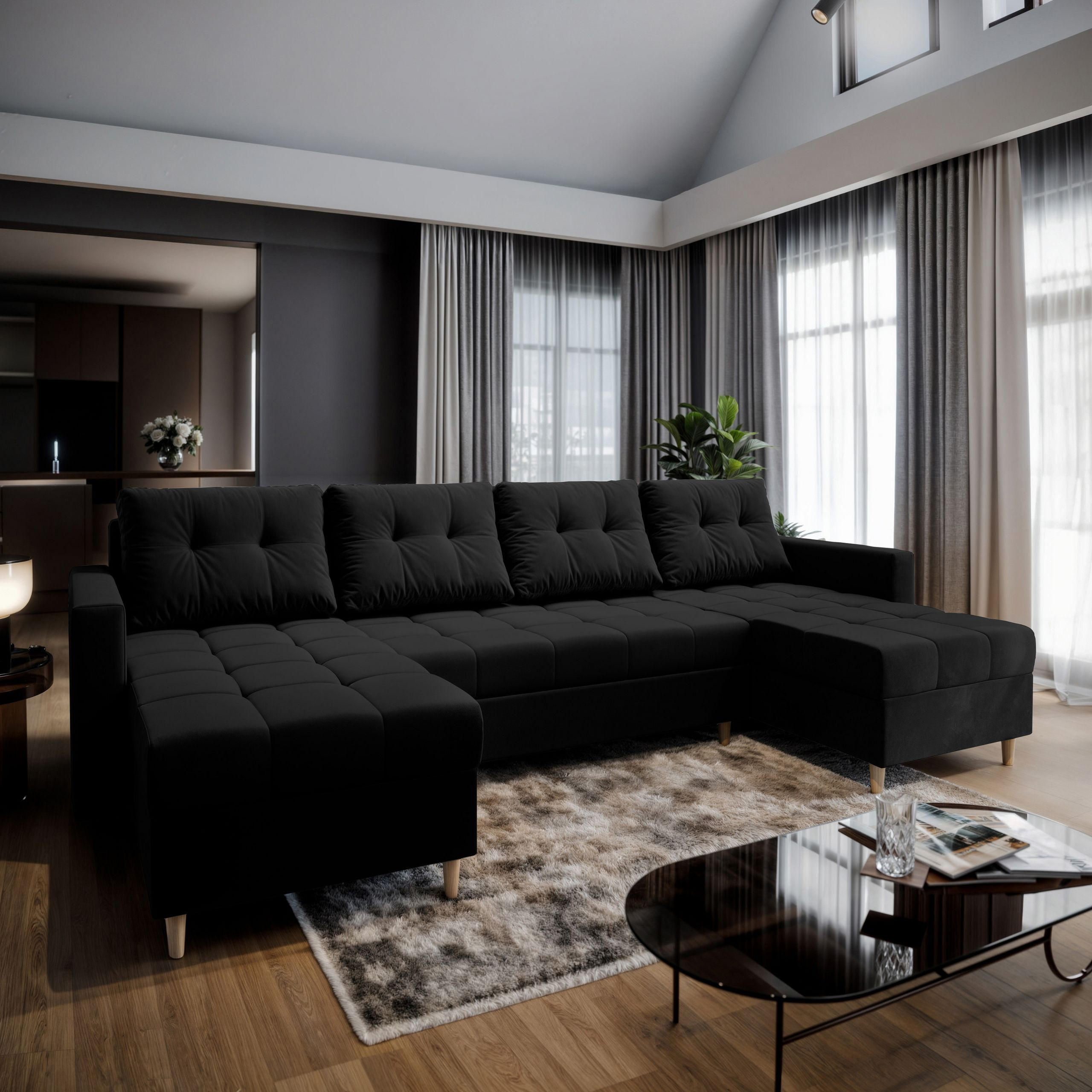WOHNLANDSCHAFT MILO U Schwarz Plüsch-Stoff mit Schlaffunktion - Schwarz, Holz (285/91/140cm) - MASSENO