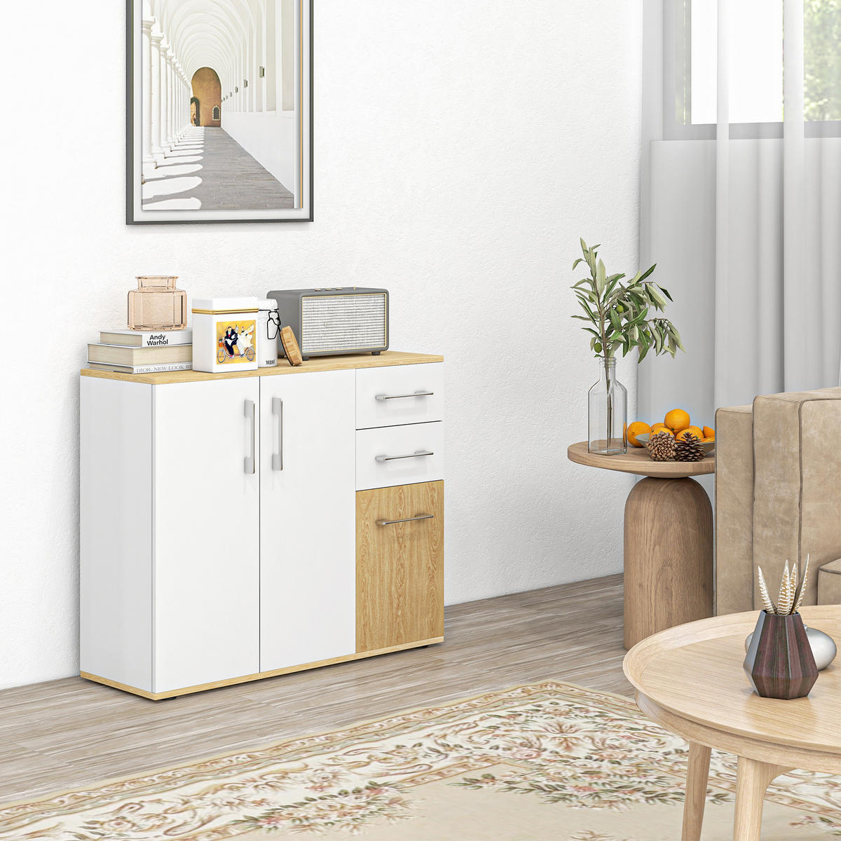 SIDEBOARD Weiß und Naturfarben 90/30/75,5 cm - Weiß, Holzwerkstoff (90/75.5/30cm) - PANGIVO