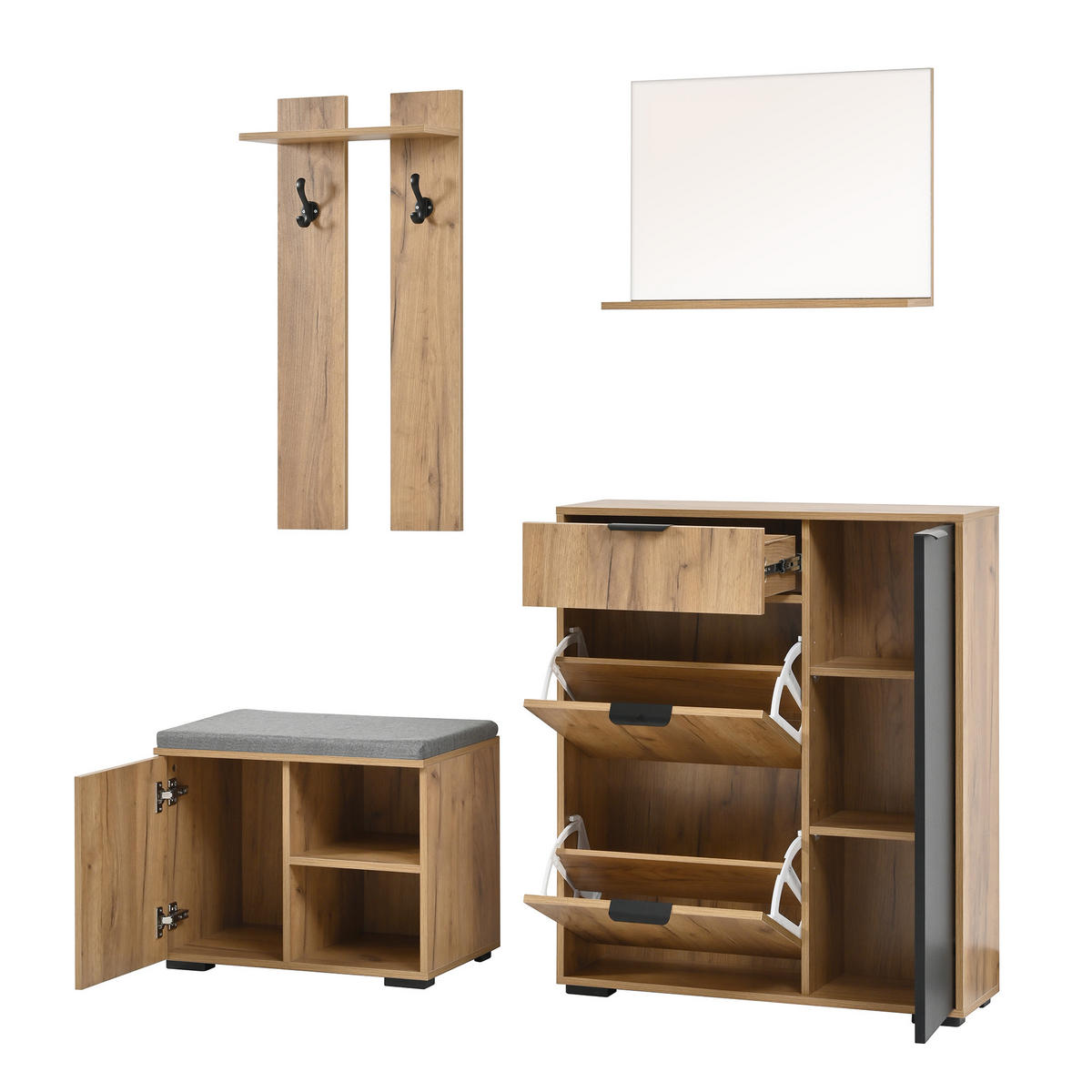 GARDEROBEN-SET 140 cm Natur & Schwarz – Flurmöbel mit Spiegel, Schuhbank & 4 Türen Modern - Naturfarben, Holzwerkstoff (140/139/35cm) - Urban Meuble