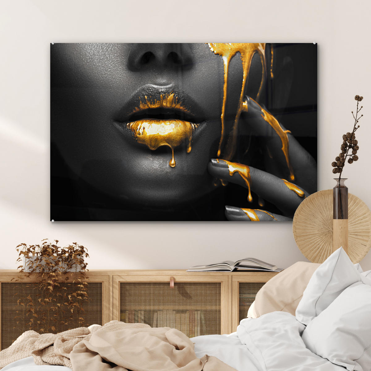 ACRYLGLASBILD Frau - Schwarz - Gold - Gesicht - Lippen 90x60 cm - Goldfarben, Glas (90/60cm) - MuchoWow
