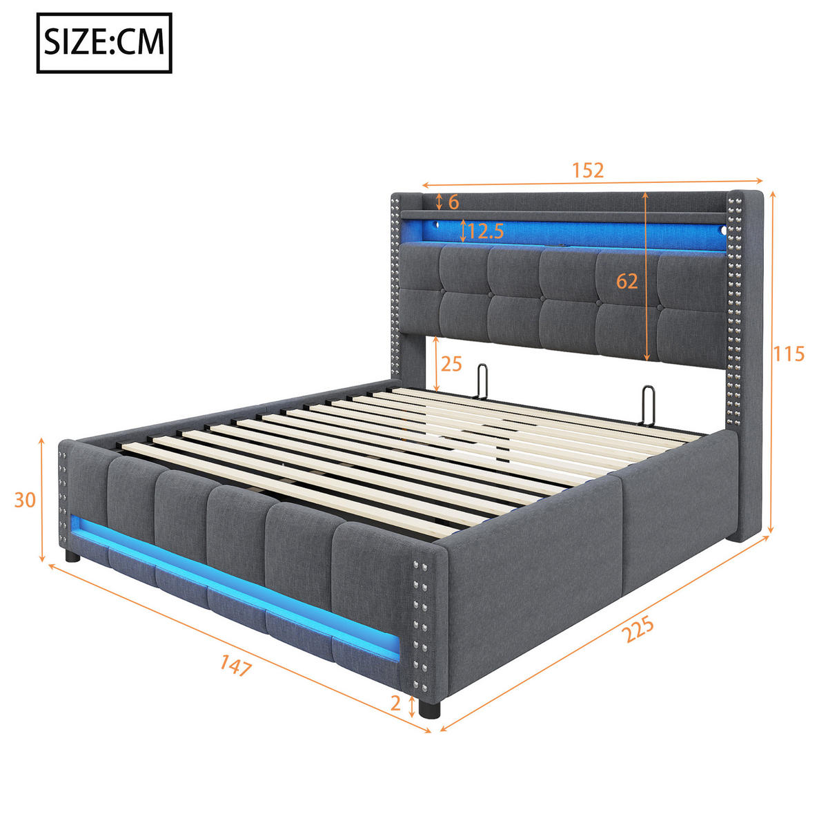 POLSTERBETT 140/200 cm mit Bettkasten, LED-Beleuchtung und USB-Anschluss - Grau, Textil (140/200cm) - BEAOK