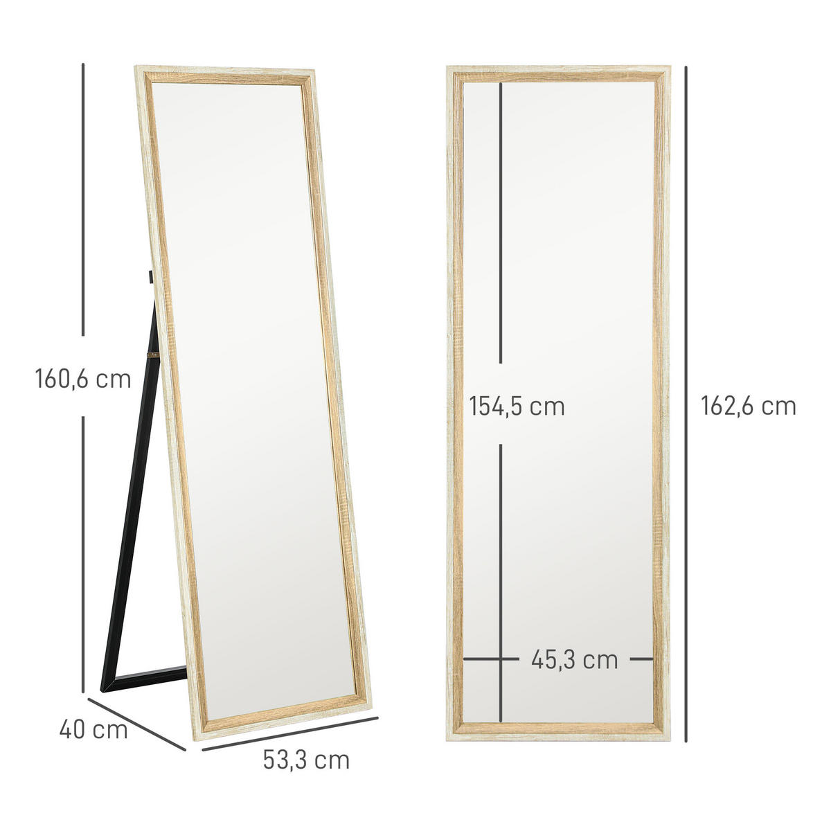 GANZKÖRPERSPIEGEL, 162,6 x 53,5 cm Standspiegel mit Ständer Weiß+Naturholz - Weiß/Naturfarben, Glas (53.3/162.6/2.5cm) - HOMCOM