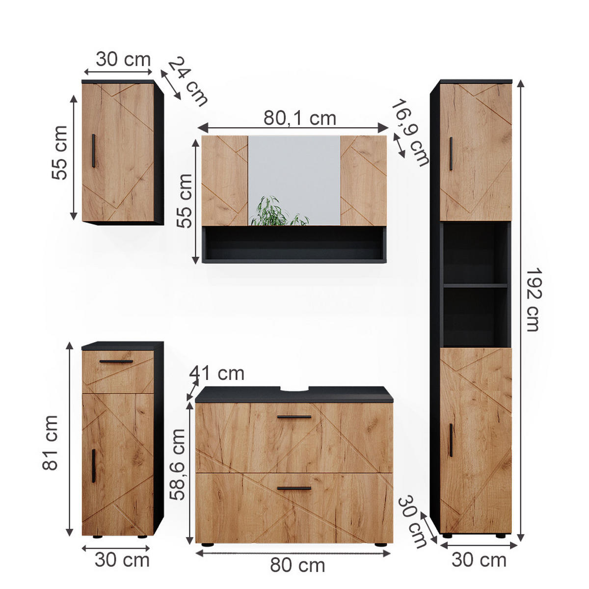 BADMÖBEL-SET Irma Goldkraft Eiche/Anthrazit 5 Teile - Anthrazit/Eiche Wotan, Holzwerkstoff (80/58.6/41cm) - Vicco