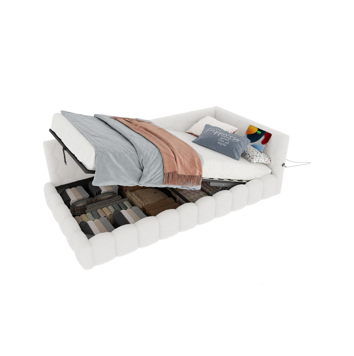 POLSTERBETT 90/200 cm Weiß mit Bettkasten, LED-Beleuchtung und USB - Weiß, Textil (90/200cm) - Flora Grace