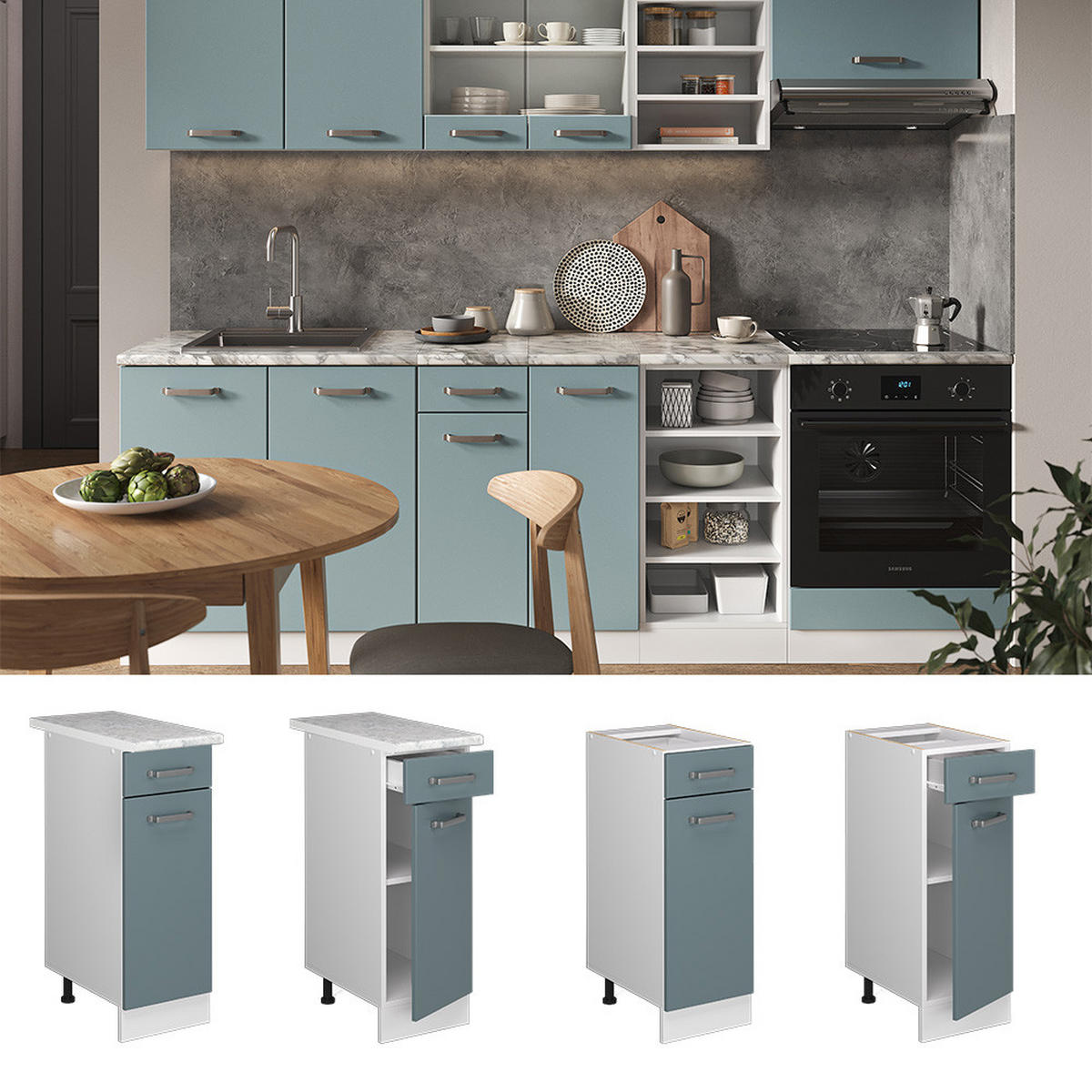 KÜCHENUNTERSCHRANK R-Line Blau-Grau 30 cm, AP Eiche - Blaugrau/Weiß, Holzwerkstoff (30/81.6/60cm) - Vicco