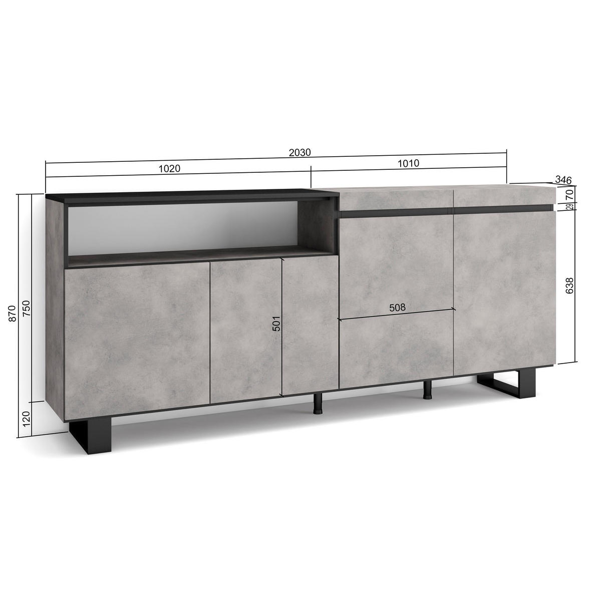 SIDEBOARD zementgrau, 200/35/87cm - Grau, Holzwerkstoff (200/87/35cm) - Skraut Home