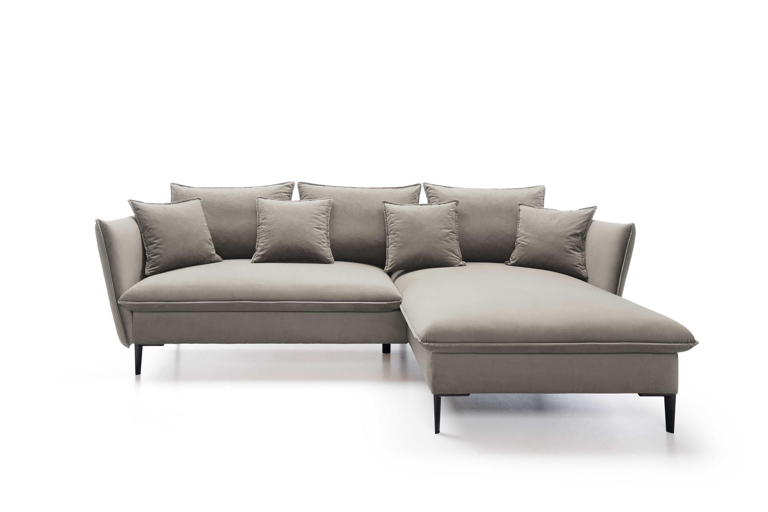 ECKSOFA GLOSS mit Schlaffunktion, Ottomane & goldenen Füßen – Samtsofa im GLOSSour-Stil mit Zierkissen, 258x167x91 cm, Rechte, GRÜN - Beige, Holz/Textil (258/167cm) - DomoHome