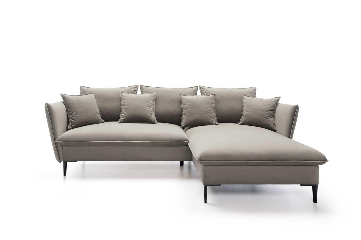 ECKSOFA GLOSS mit Schlaffunktion, Ottomane & goldenen Füßen – Samtsofa im GLOSSour-Stil mit Zierkissen, 258x167x91 cm, Rechte, GRÜN - Beige, Holz/Textil (258/167cm) - DomoHome