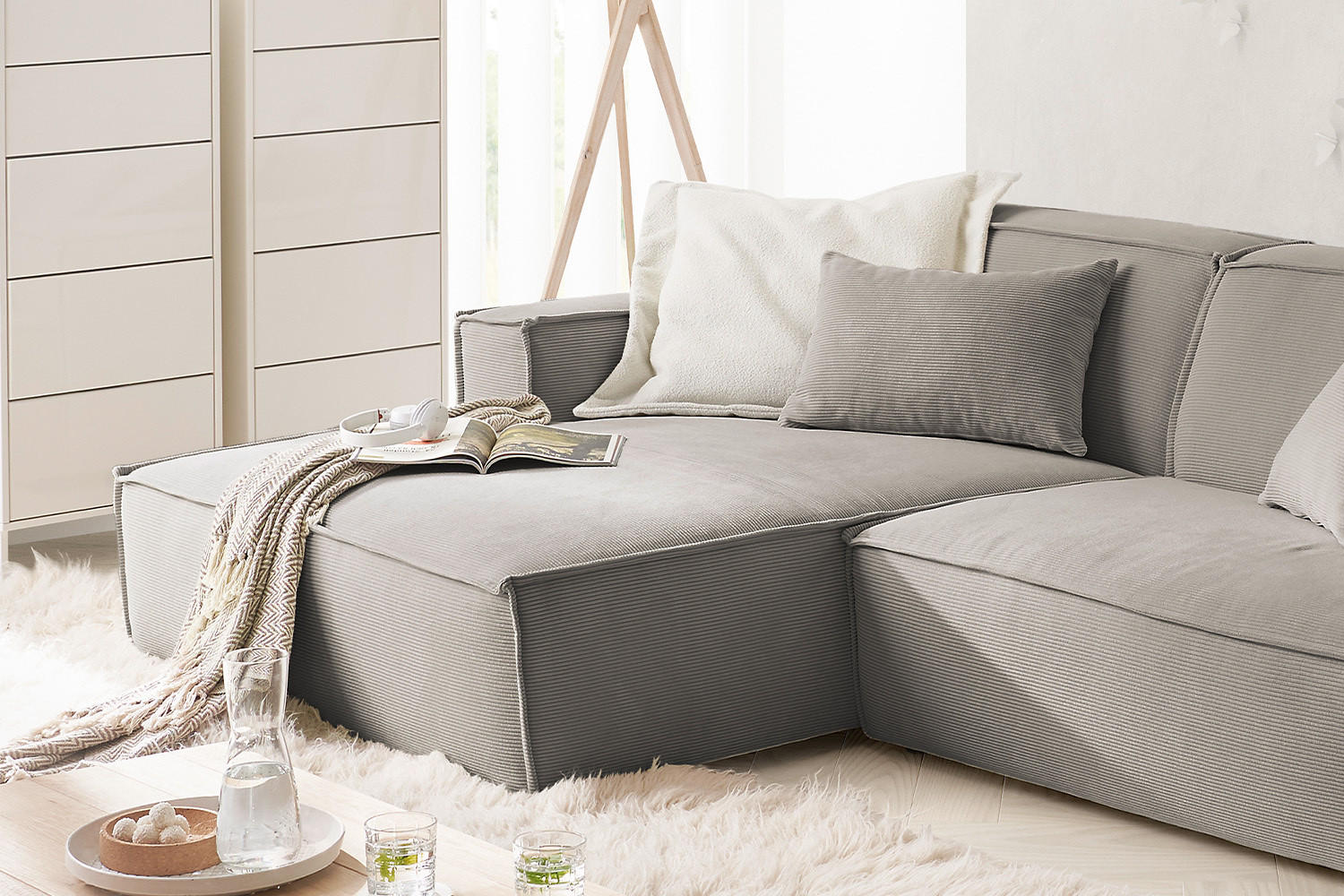 ECKSOFA SAMU Grau Cord - Schwarz/Grau, Textil (276/168cm) - KAWOLA