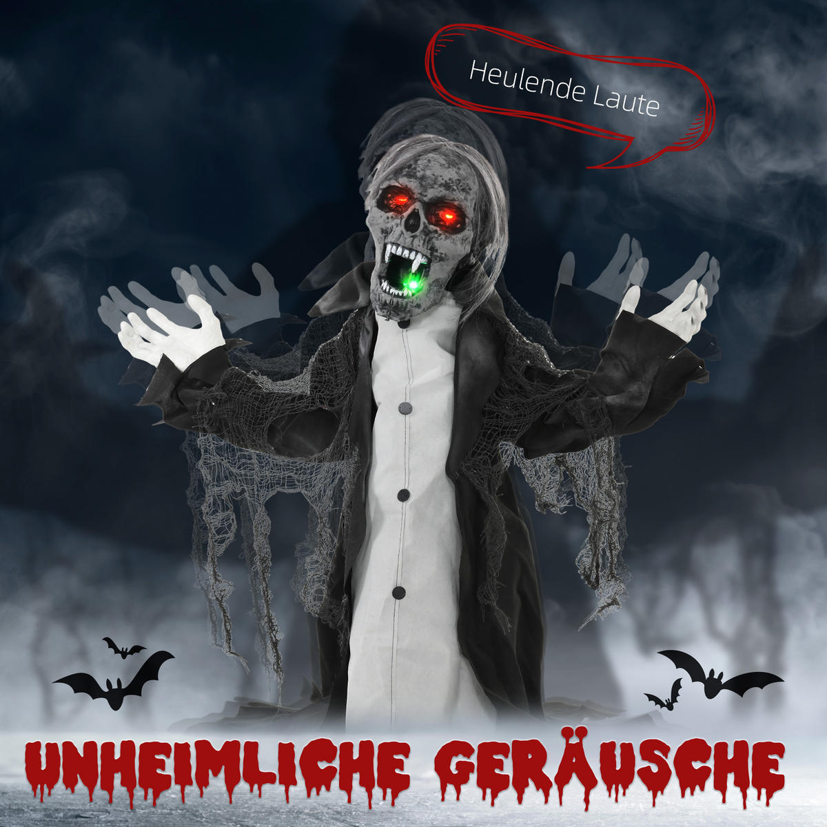 HALLOWEEN dekorace kostra s červeně svítícíma očima, vydává zvuk výkřiku - šedá, plast (32/75/102cm) - HOMCOM