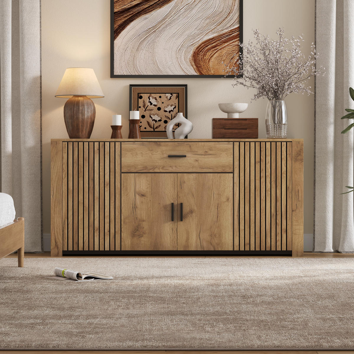 SIDEBOARD Holz 4 Türen 1 Schublade 160x40x75cm Stauraum - Eichefarben, Holzwerkstoff (40/75/160cm) - FLIEKS