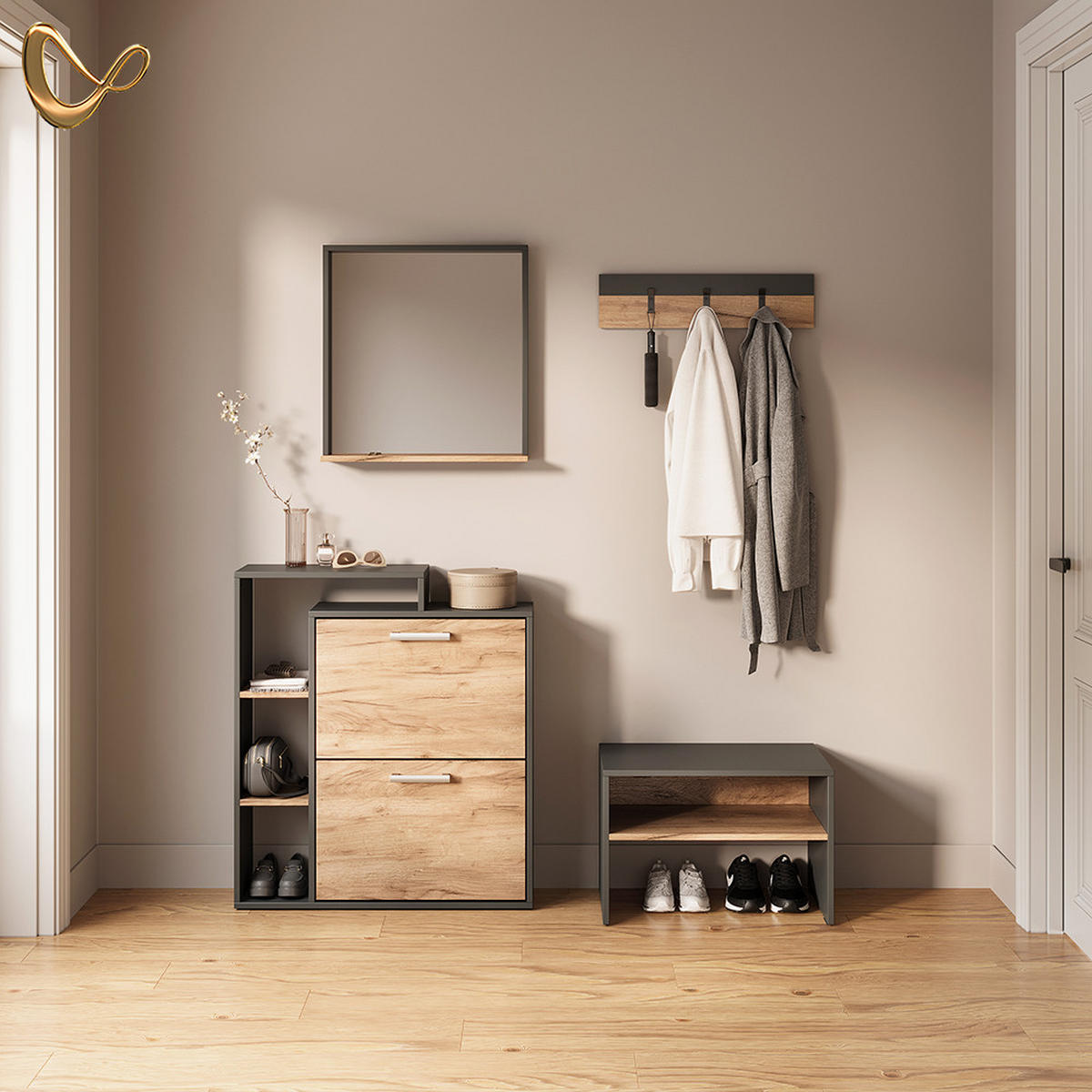 WANDGARDEROBE Ortello Anthrazit/Goldkraft Eiche 60 x 15 cm - Honigeiche/Anthrazit, Holzwerkstoff (60/15/1.6cm) - Livinity®