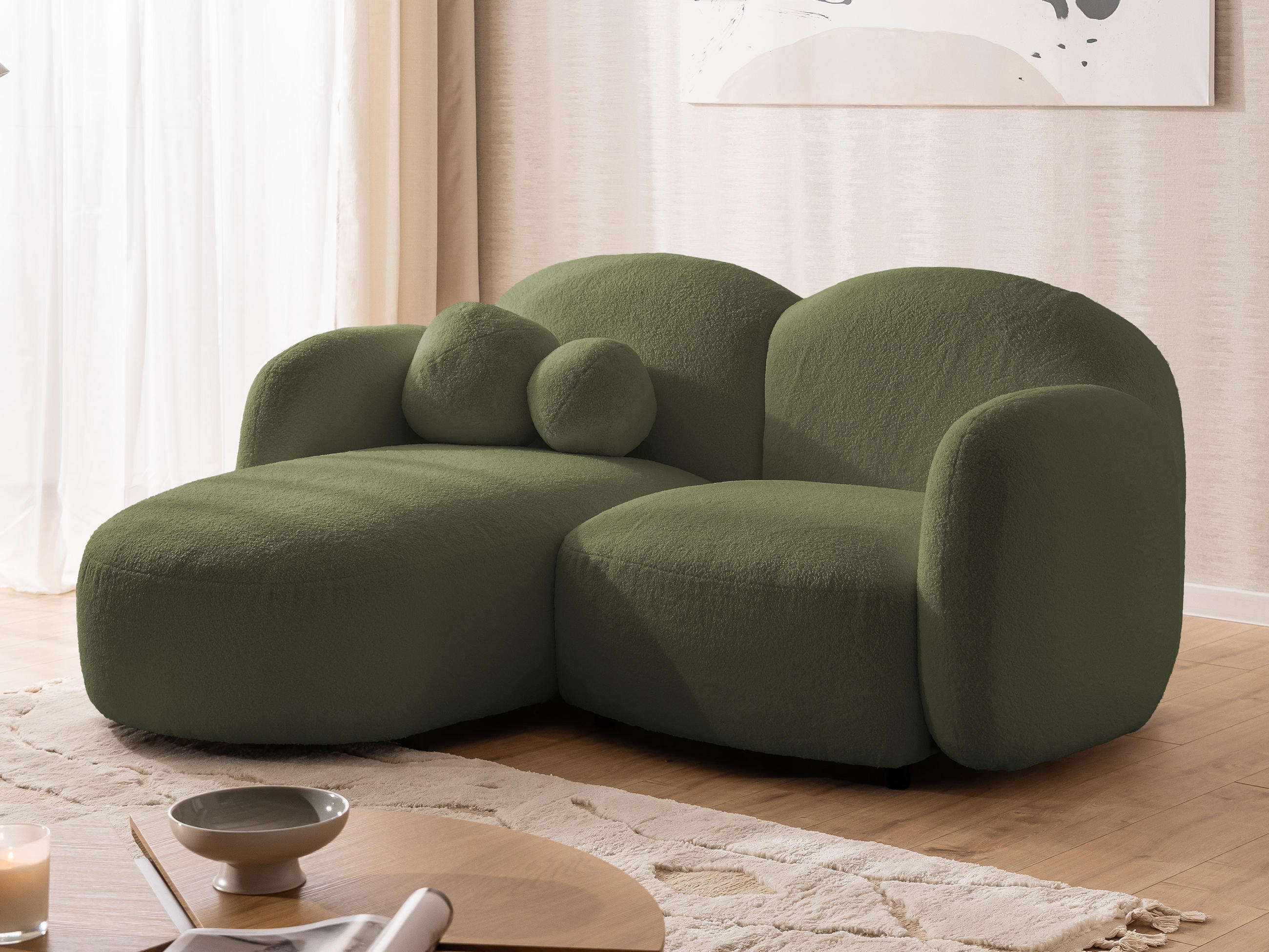 ECKSOFA Nuvola mit abgerundetem Design Grün Bouclé-Stoff - Ottomane Links - Schwarz/Grün, Holz/Kunststoff (190/146cm) - S-Style Möbel
