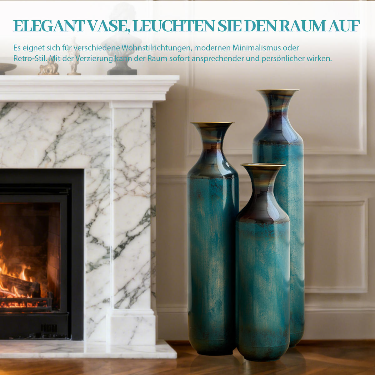 BODENVASE 3-tlg Metallvase 52-72cm Blaugrün-Patina Bodenvase Deko-Vase Trockenblumen - Grün, Metall (78.1cm) - Raelunyi