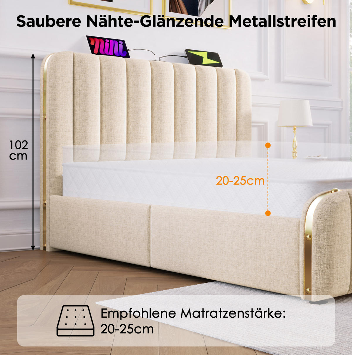 POLSTERBETT 180/200 cm Beige aus Leinenstoff mit Stauraum - Beige, Textil (180/200cm) - OKMYHOME