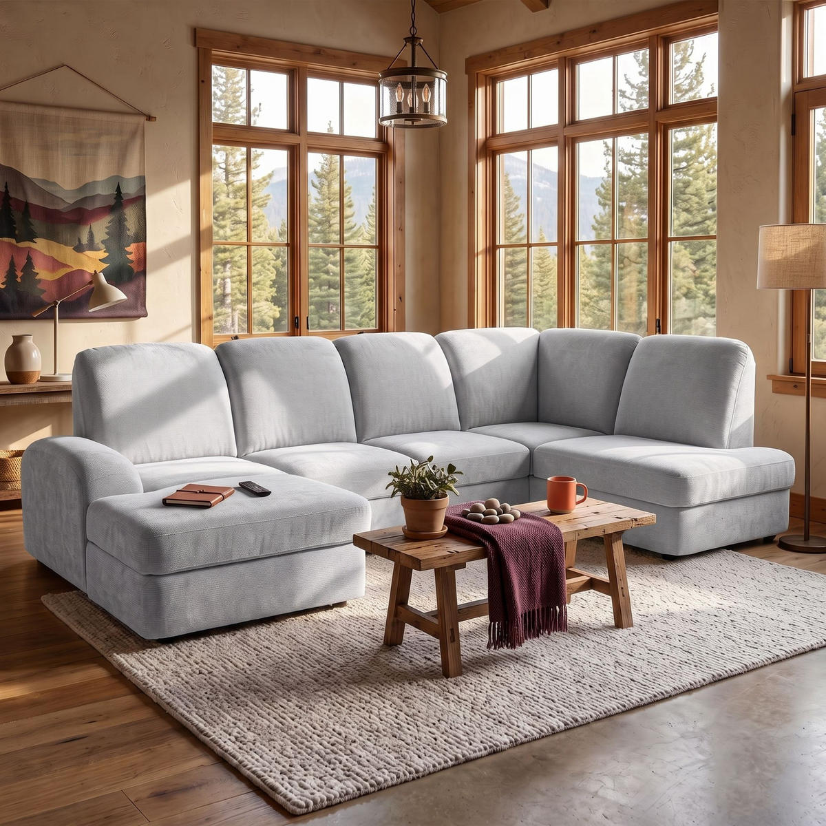 ECKSOFA VIBE U Rechts mit Schlaffunktion 129x263 Chenille Hellgrau - Hellgrau/Schwarz, Holz/Kunststoff (186/102/280cm) - Muffo