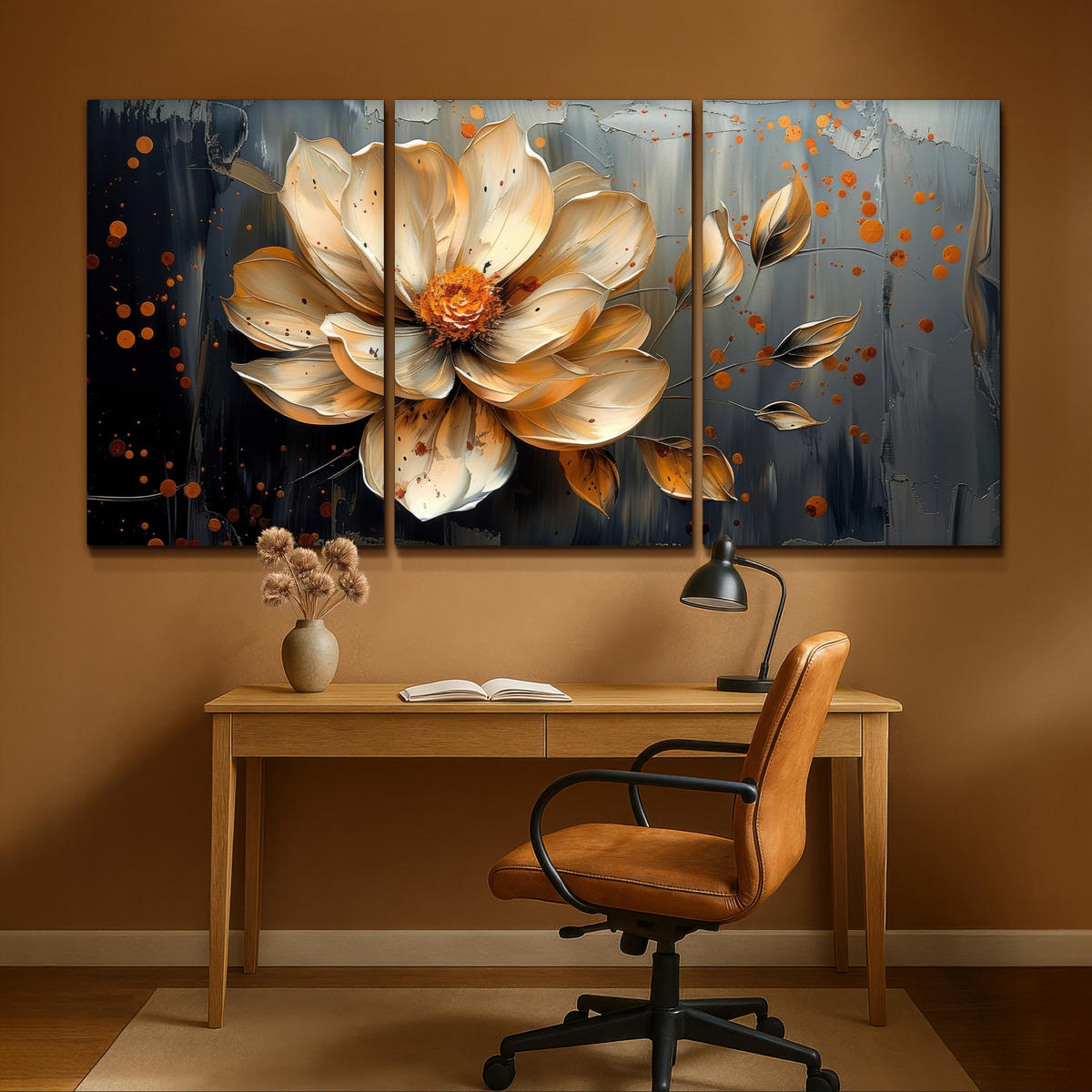 LEINWANDBILD 3er Set Blume - Gold - Abstrakt - Farbe 240x120 cm - Creme, Textil (240/120cm) - MuchoWow