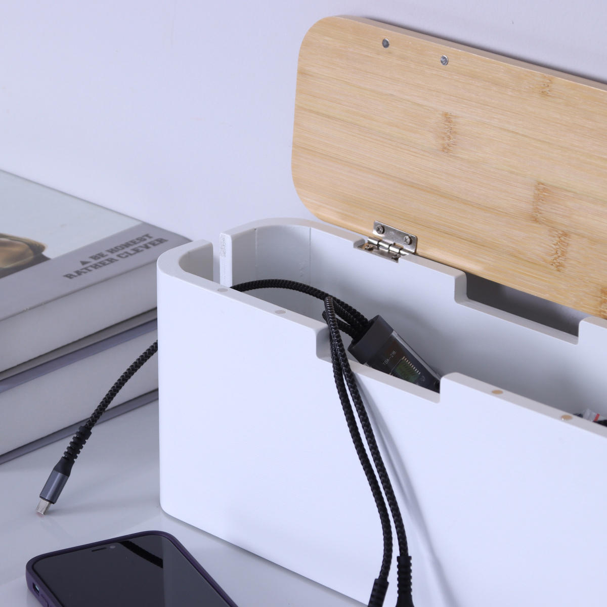 KABELBOX - Weiß, Holz/Metall (11/34/14.5cm) - Relaxdays