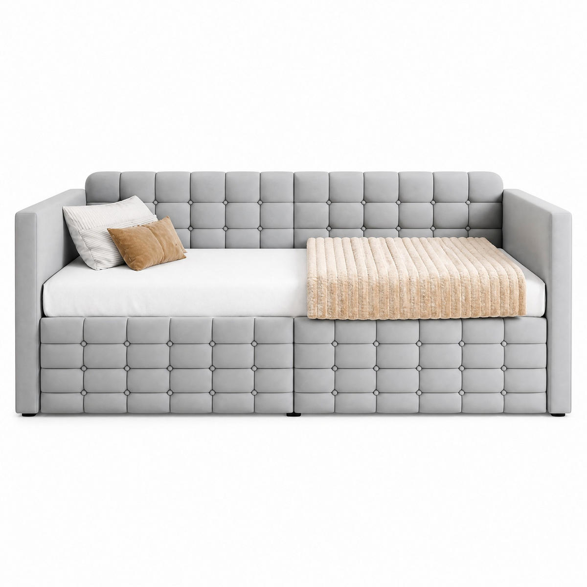 ČALOUNĚNÁ POSTEL 90/190 cm ve světle šedé barvě se 2 zásuvkami, kapsami a sametem - šedá, kov/kompozitní dřevo (90/190cm) - CHICFURN