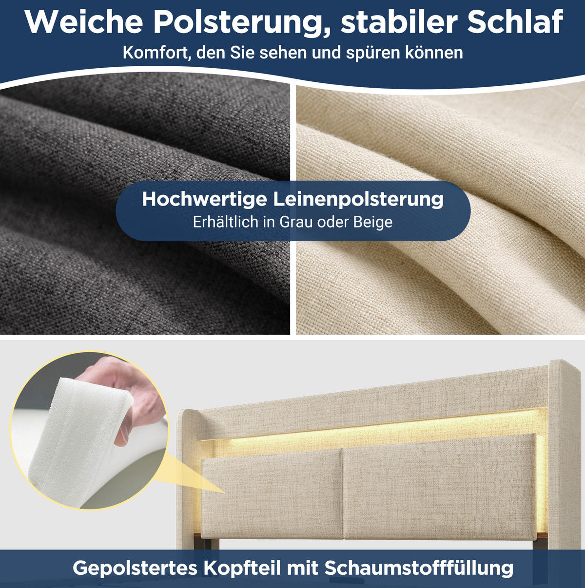 POLSTERBETT 160/200 cm Beige aus Leinen mit Stauraum und LED - Beige, Textil (160/200cm) - OKMYHOME