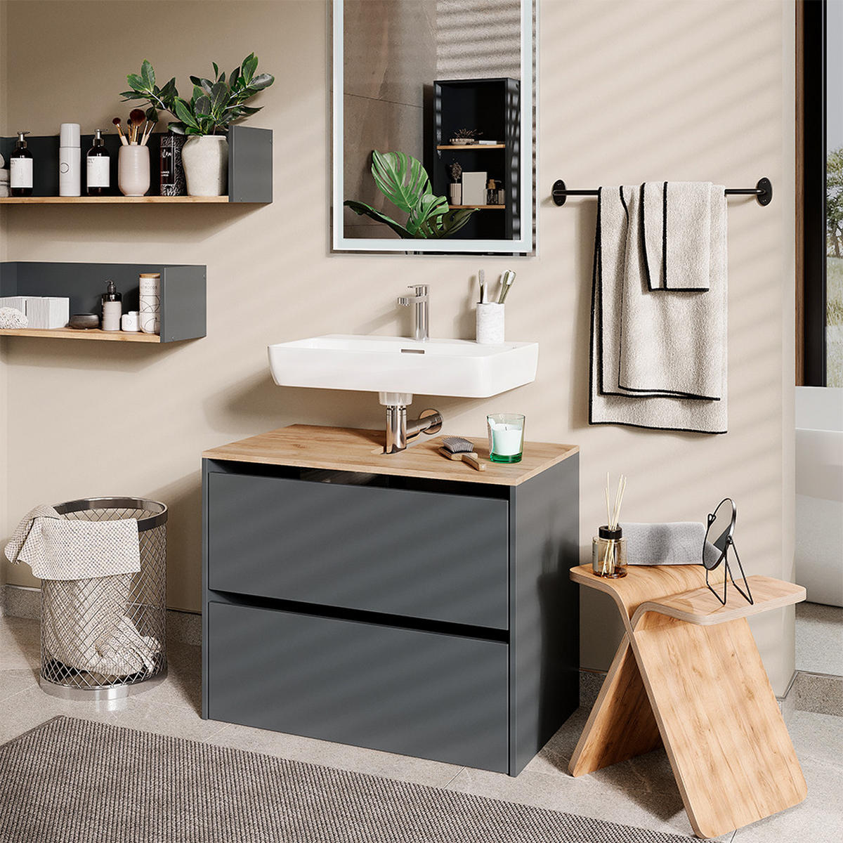 WASCHBECKENUNTERSCHRANK Viktor Anthrazit/Goldkraft Eiche 80.2 x 65 cm mit 2 Schubladen - Honigeiche/Anthrazit, Holzwerkstoff (80.2/65/45.5cm) - Vicco