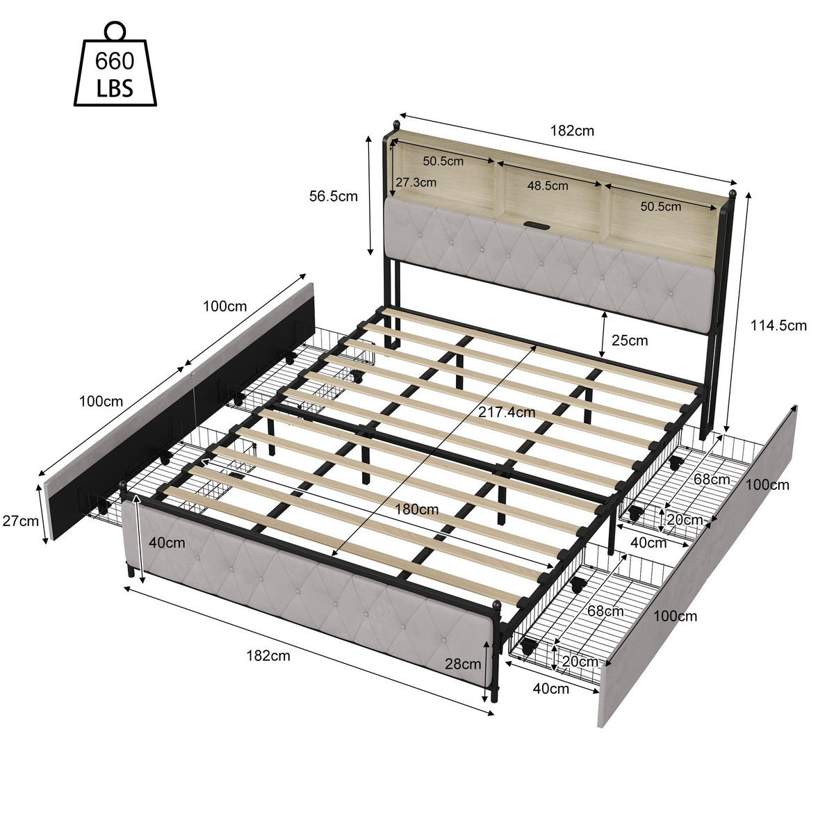 STAURAUMBETT 180/200 cm mit 4 Schubladen, LED und USB-Anschlüssen, Beige - Beige, Holzwerkstoff (180/200cm) - Brevoria