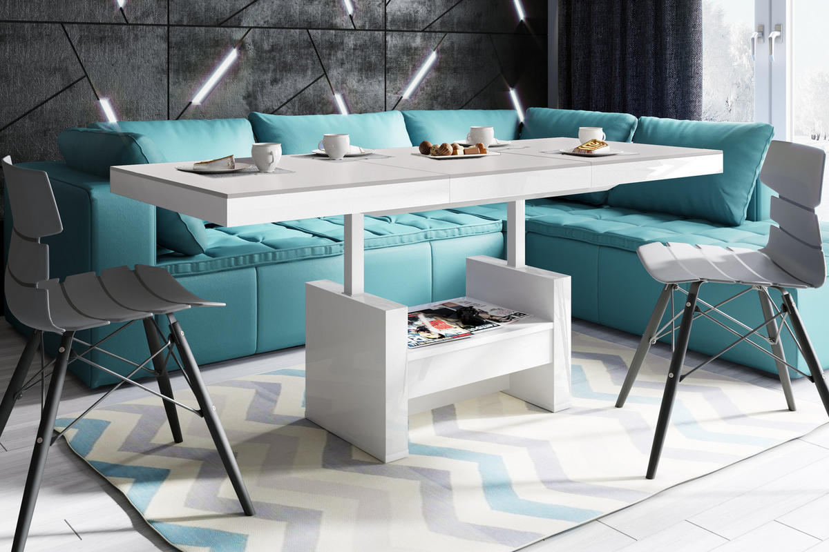 COUCHTISCH rechteckig Hellgrau Beigeton matt Weiß Hochglanz Höhenverstellbar ausziehbar 12/75/55 cm - Weiß Hochglanz/Beige, Holzwerkstoff (75/120/55cm)
