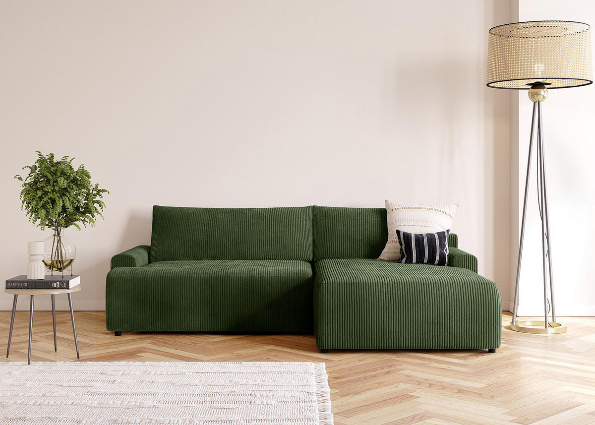 ECKSOFA mit Schlaffunktion - Longchair - Schwarz/Grün, Kunststoff/Textil (253/167cm) - home24