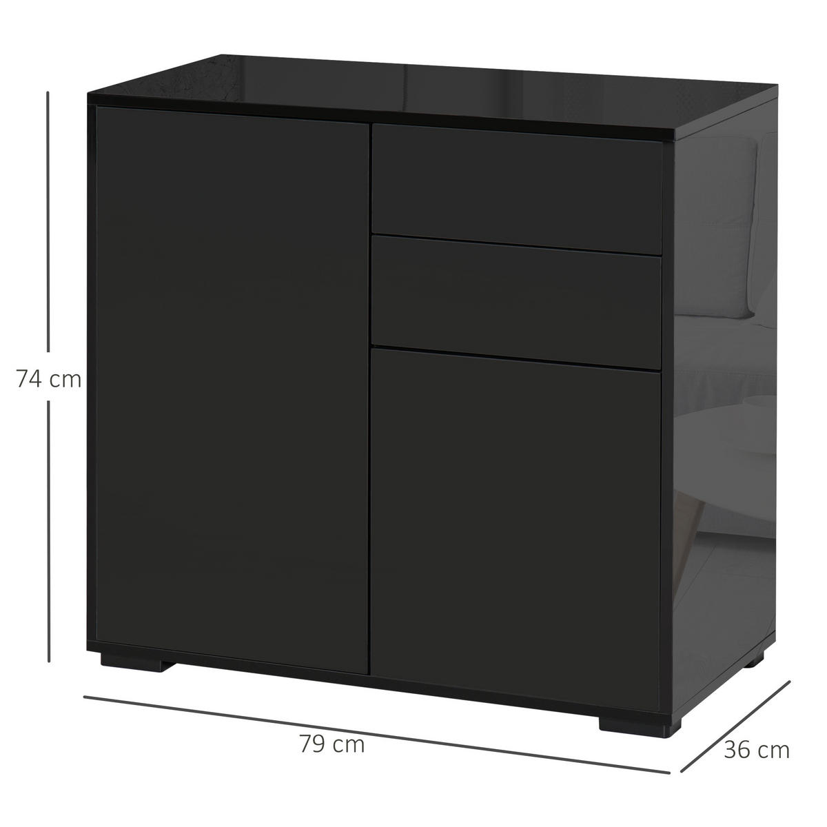 SIDEBOARD mit 2 Türen, 2 Schubladen und verstellbaren Einlegeböden, 79 x 36 x 74 cm, Schwarz, Sperrholz - Schwarz, Holzwerkstoff (79/74/36cm) - SONNENH