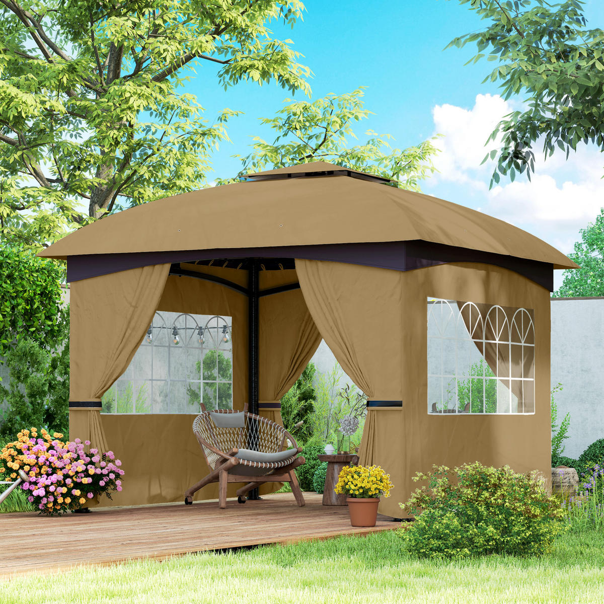 GARTENPAVILLON 335/335/285 cm mit Doppeldach, UV-Schutz und Seitenteilen aus Polyester, Beige - Beige, Textil (335/285/335cm) - Redom