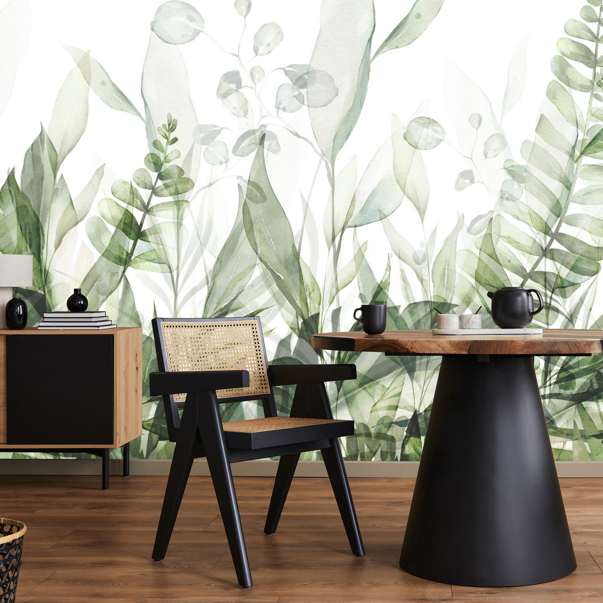 FOTOTAPETE für Schlafzimmer Aquarell Tropische Grüne Blätter Exotisch Blätter 250x175 - Weiß/Grün, Papier (250/175cm) - Muralo