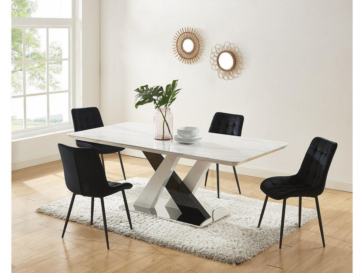 ESSTISCH 8 Personen - MDF & Edelstahl - Marmor-Optik Weiß & Schwarz - EVAELA - Schwarz, Holz (200/100/76cm) - Vente-Unique