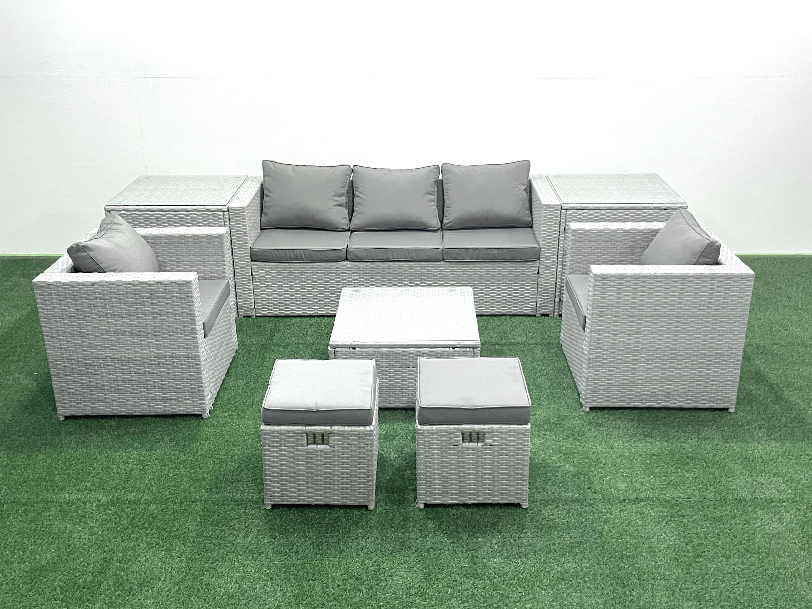GARTENMÖBEL-SET mit Kissen Polyrattan Hellgrau-Mix 7-Sitzer - Hellgrau/Grau, Glas/Kunststoff - Fimous