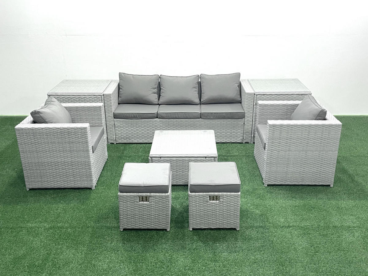 GARTENMÖBEL-SET mit Kissen Polyrattan Hellgrau-Mix 7-Sitzer - Hellgrau/Grau, Glas/Kunststoff - Fimous