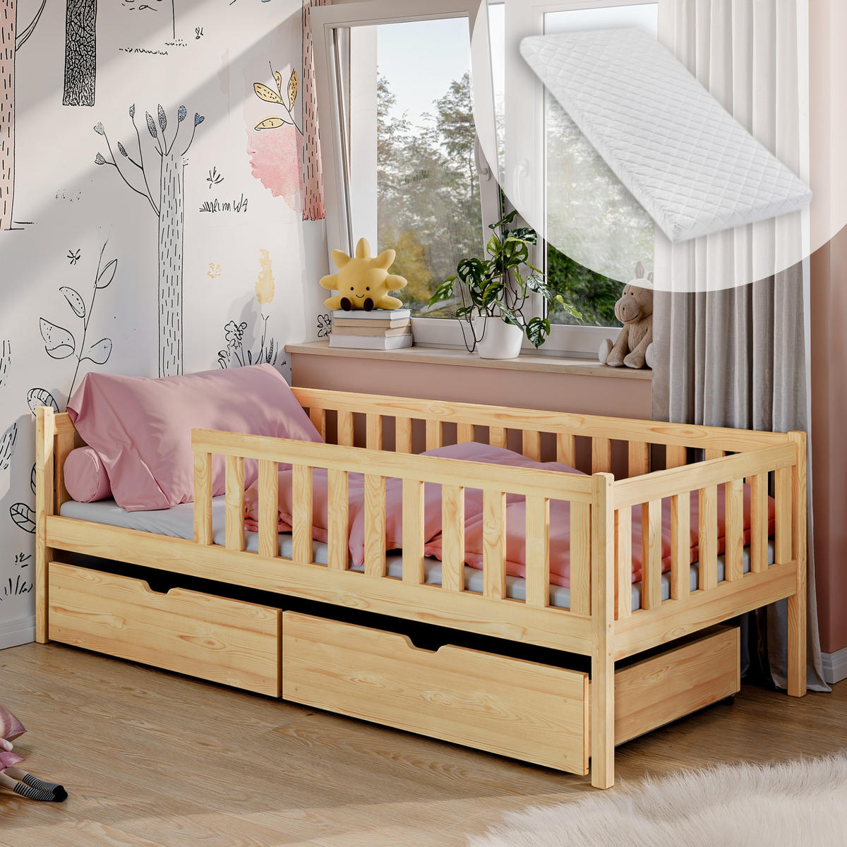 DETSKÁ POSTEĽ s dvoma zásuvkami, bezpečnostnou zábranou proti pádu a matracom 80x160 v prírodnej farbe - prírodná farba, drevo - Kids Collective