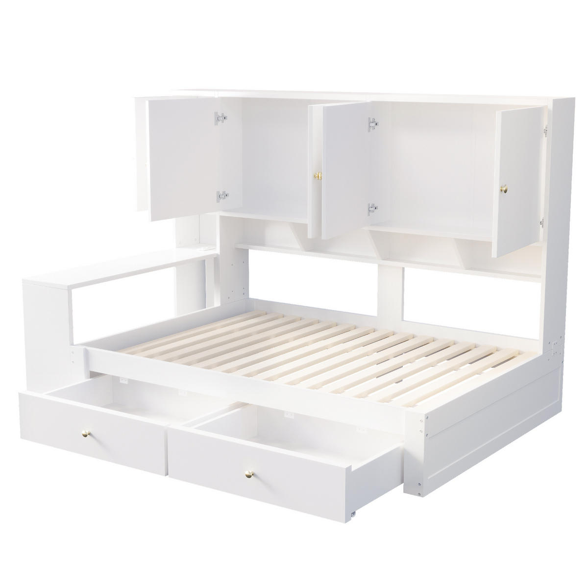 STAURAUMBETT 90/200 cm mit Schreibtisch, LED und Schubladen, DE-41644, in Weiß - Weiß, Holzwerkstoff (90/200cm) - ComfortXL