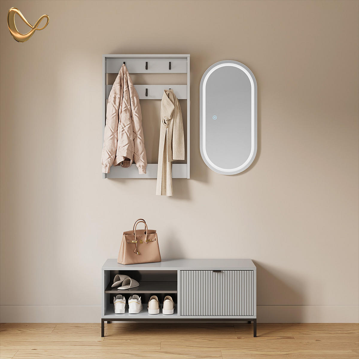 GARDEROBE Aterno Grau Set, 3 Teile - Grau, Holzwerkstoff (100/45/40cm) - Livinity®
