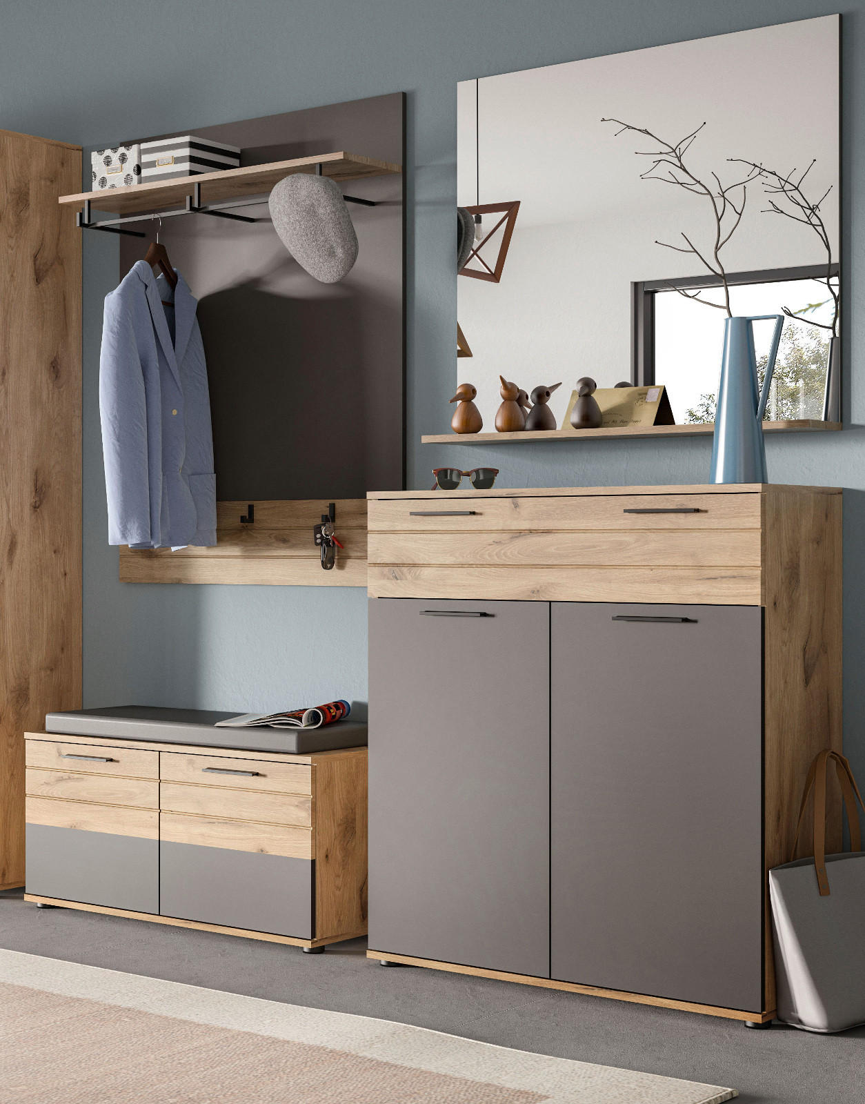 GARDEROBEN-SET Eiche, grau 4-teilig 195 cm mit Soft-Close - Eichefarben, Glas/Holzwerkstoff (90/200/37cm) - Inn.Furn