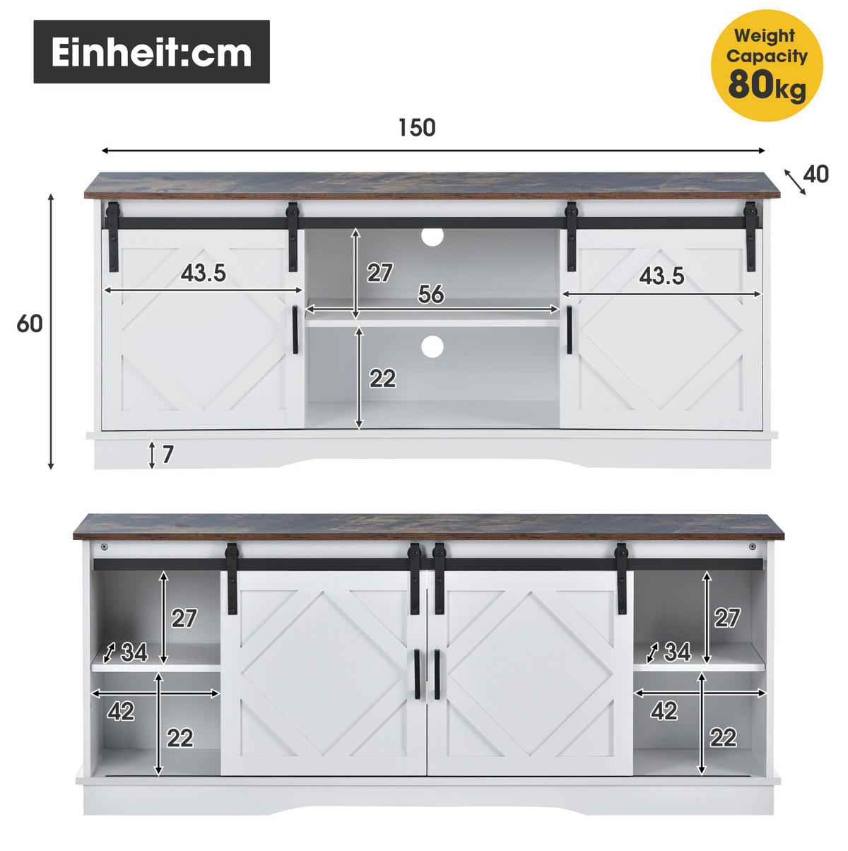 TV-ELEMENT mit Schiebetüren 150 x 40 x 60 cm Holzwerkstoff Braun/Weiß - Weiß, Holzwerkstoff (40/60/150cm) - Beauniv