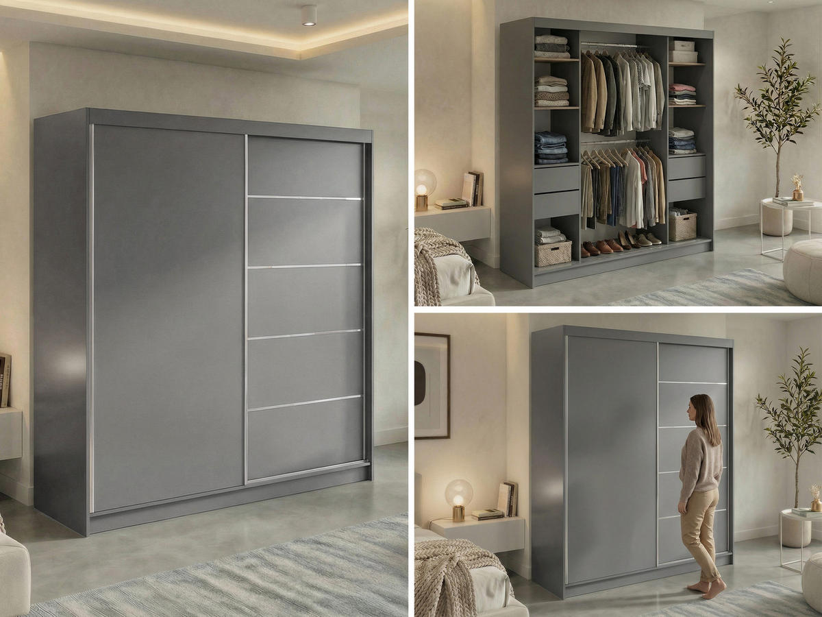 SCHWEBETÜRENSCHRANK mit Schubladen 200 - MACEDONIA - Grau - Alufarben/Grau, Holzwerkstoff/Metall (200/216/61cm) - MKS