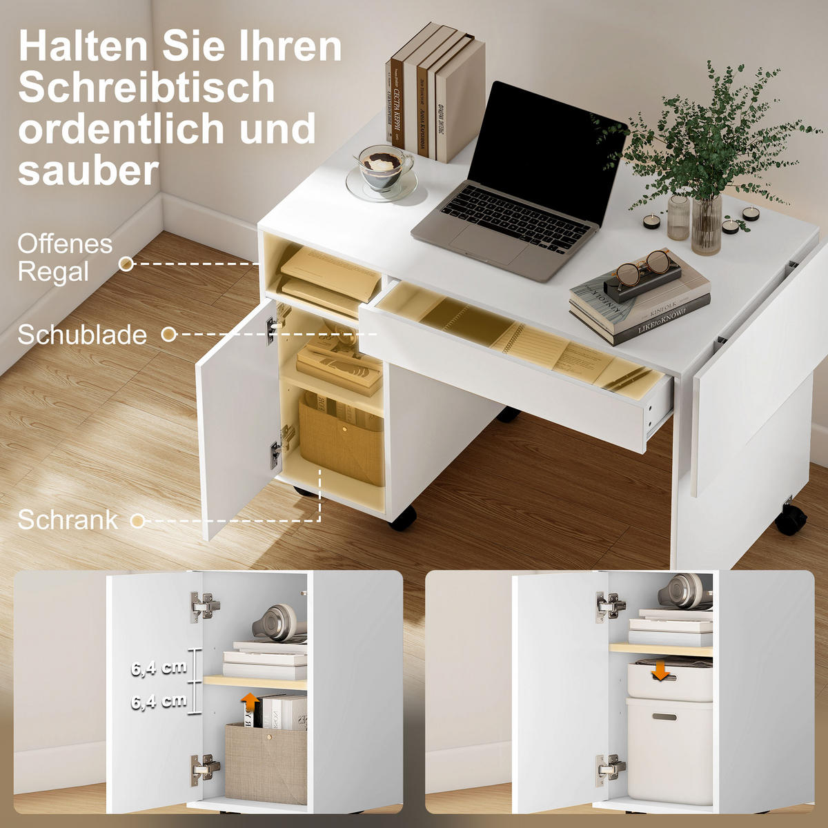 ROLLBARER Computertisch, klappbarer Schreibtisch mit Schrank und Schublade - Weiß, Holzwerkstoff (130/58/73.2cm) - HOMCOM